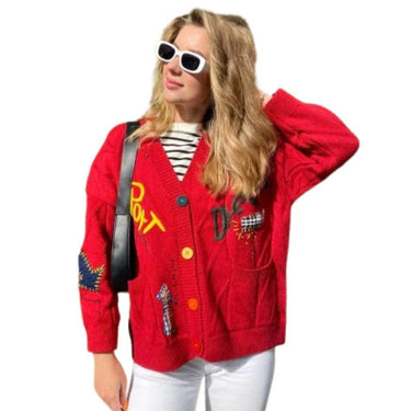 Random Patchwork Women's Cardigan Warm Knitted Sweater Jacket Pockets Embroidery Kawaii Geek Chic Girls Cardigan from NSE Imports #1.